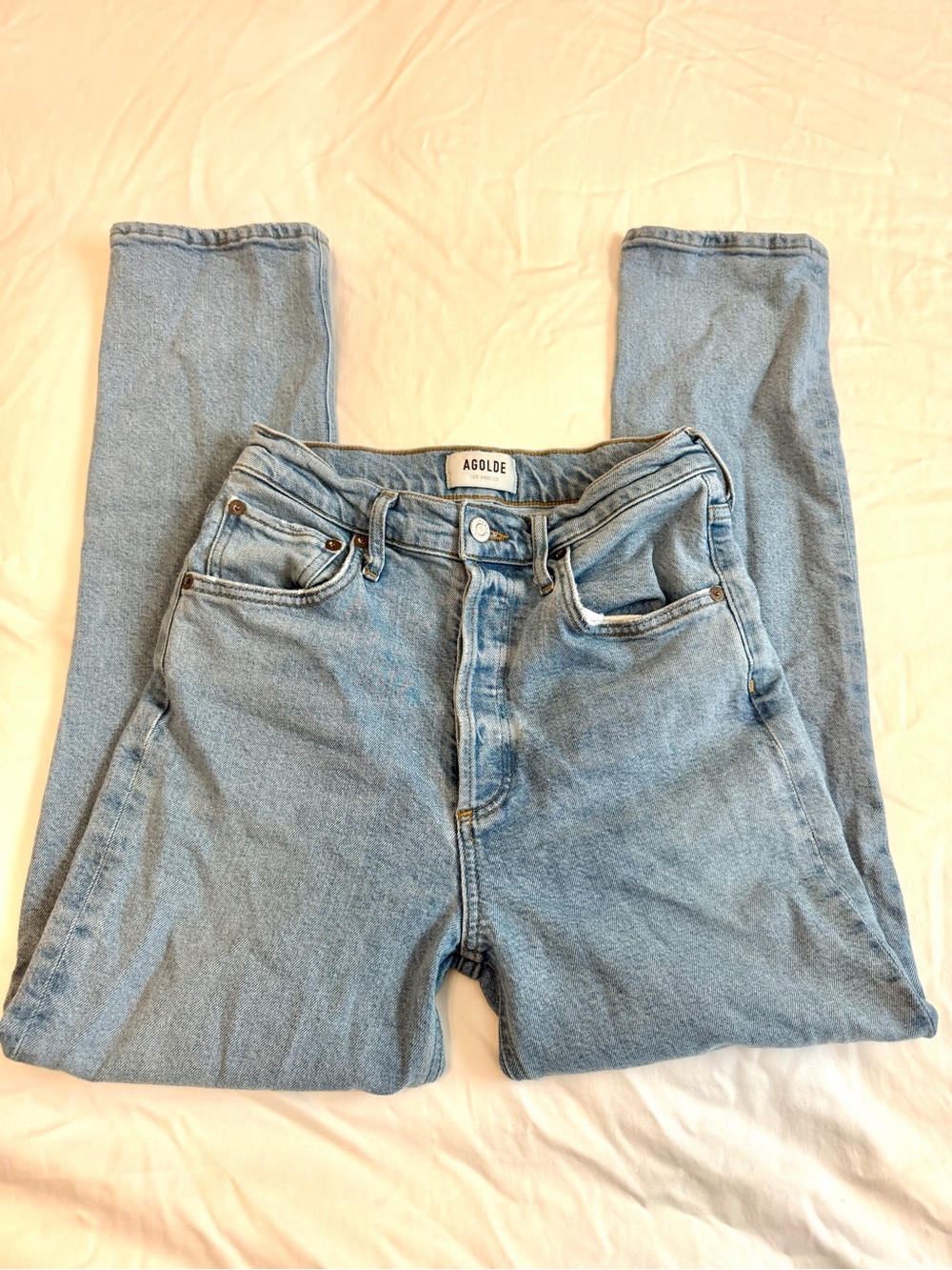 Agolde Riley light wash high rise straight leg cropped jeans
